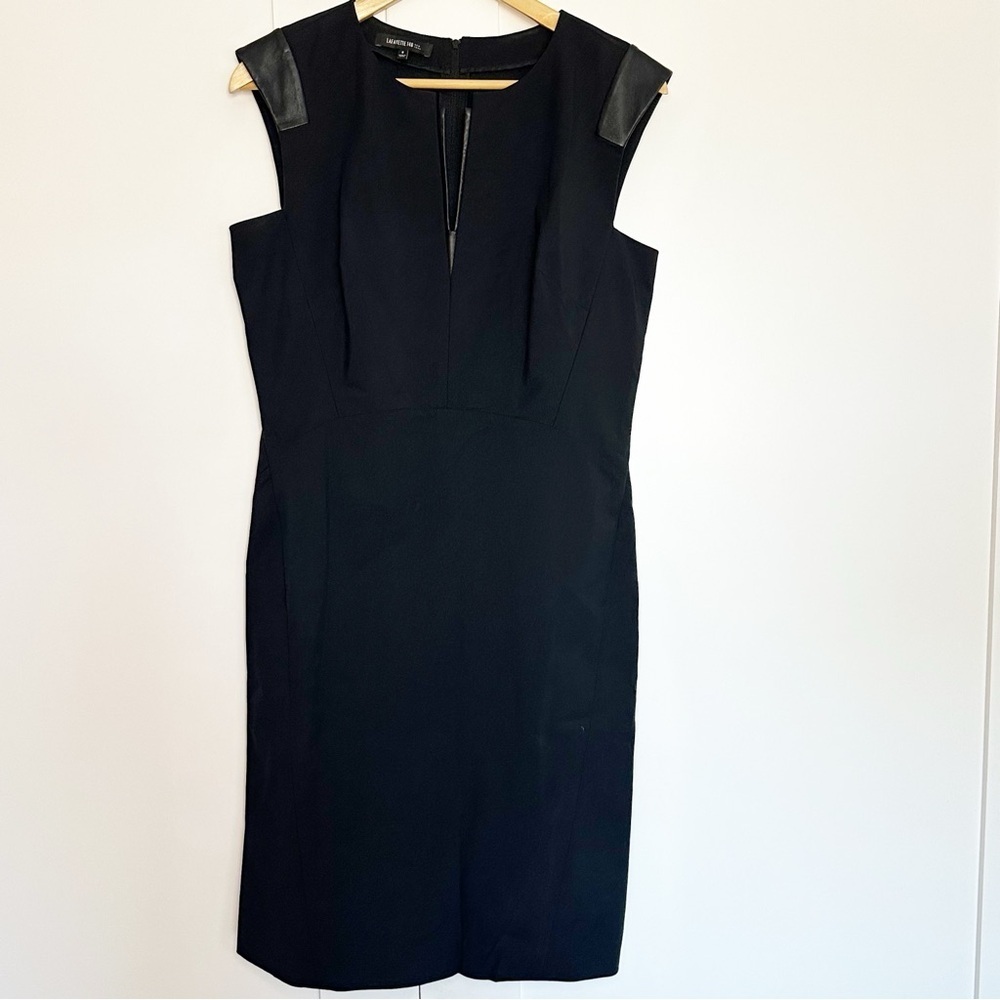 Lafayette 148 New York Black Dress 8 LBD leather trim cocktail contemporary